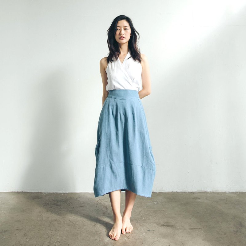 棉麻圓裙 - 丹寧 - 裙子/長裙 - 棉．麻 藍色