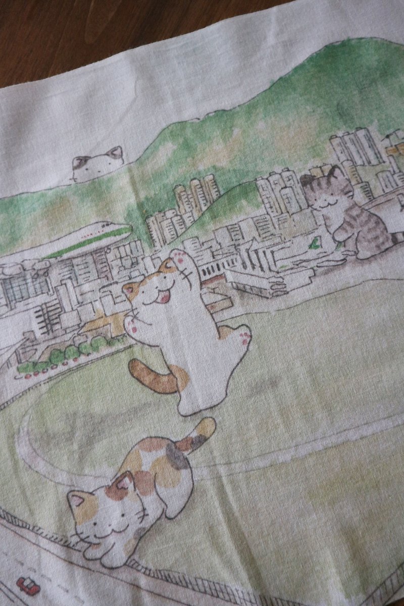 Cat×Hong Kong Hand Towel-手ぬぐい- Kai Tak Airport - ผ้าขนหนู - ผ้าฝ้าย/ผ้าลินิน 