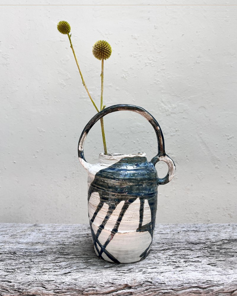 墨藍 單耳提樑 花器 花瓶 | 陶器皿 - 花瓶/花器 - 陶 藍色