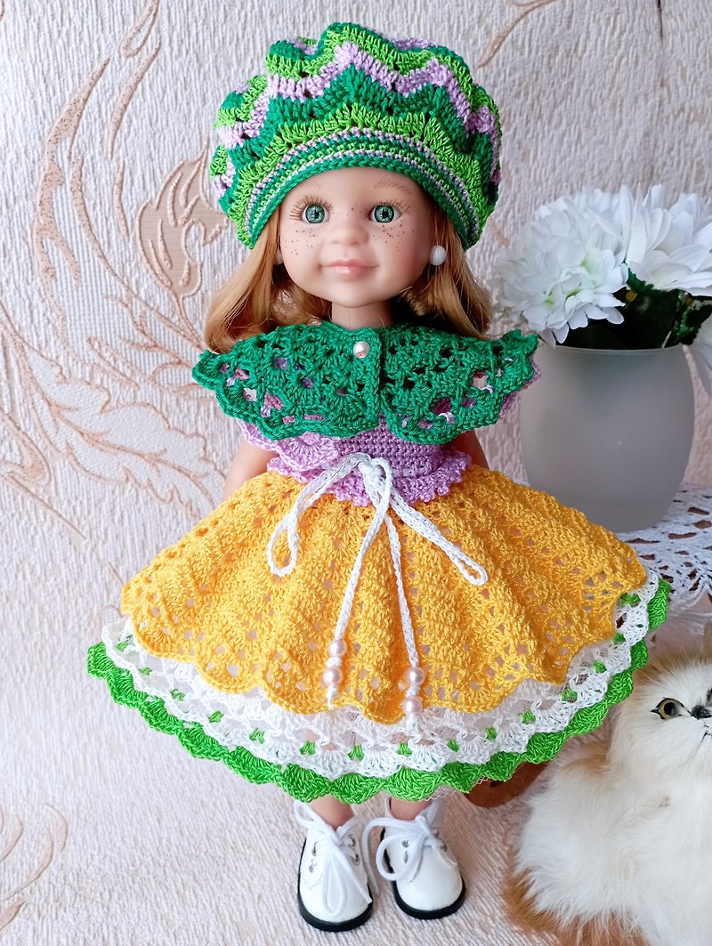 Knitted dress, hat for Paola Reina doll. Handwork .outfit for 13 inch doll