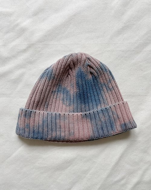 BLUE PHASE コットンニット帽 淡い紫色 藍染 絞り染め リブ編み ニットキャップ Aizome JAPANBLUE Mud dyed Knitted cap cotton