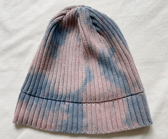コットンニット帽 淡い紫色 藍染 絞り染め リブ編み ニットキャップ
