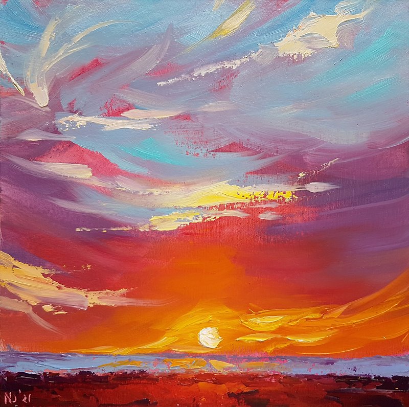 Cloud Oil Painting Original Skyscape Artwork Sunset Sky and Sun Wall Art - โปสเตอร์ - วัสดุอื่นๆ สีแดง