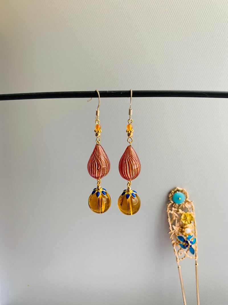 Orange agate, water drop central Asian thread glass, roasted blue flower hat, optimized citrine, 14K gold ear hook - ต่างหู - กระจกลาย สีส้ม