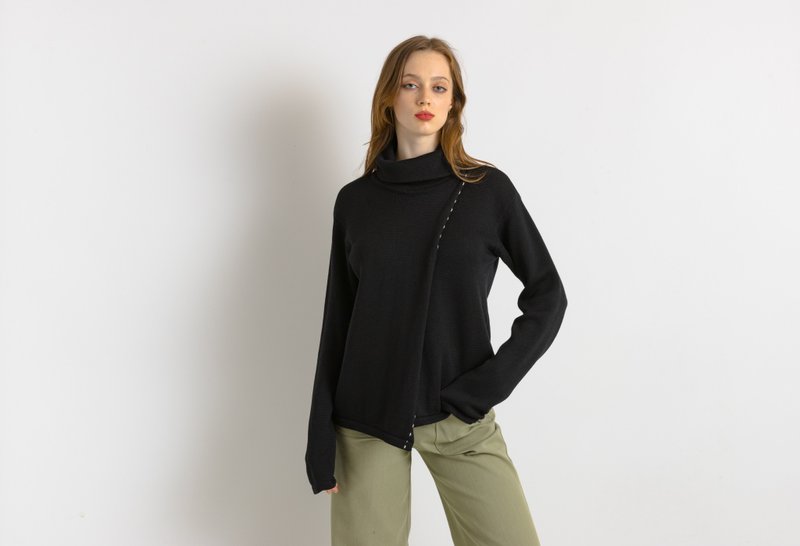 Preloved 00s Rene Lezard Merino Wool Black Top Womens Jumper 7509 - 女毛衣/針織衫 - 羊毛 黑色
