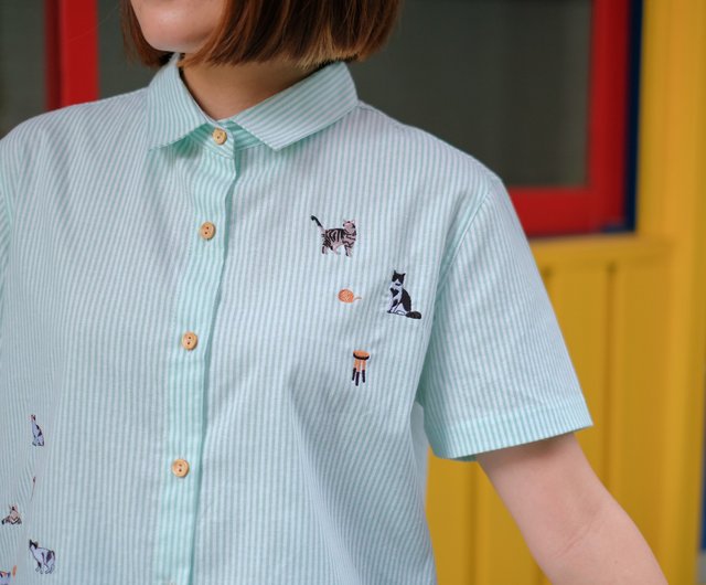 Basic Embroidery Shirt : Cat l Green緑 l SizeS/M - ショップ Katji