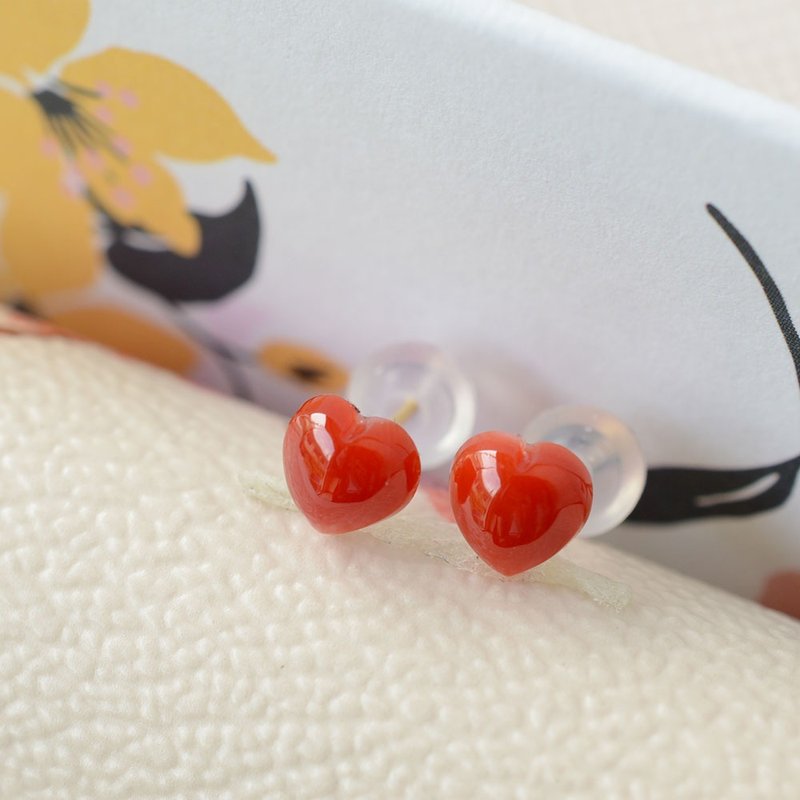 Red coral heart earrings K18 - ต่างหู - เครื่องประดับ 