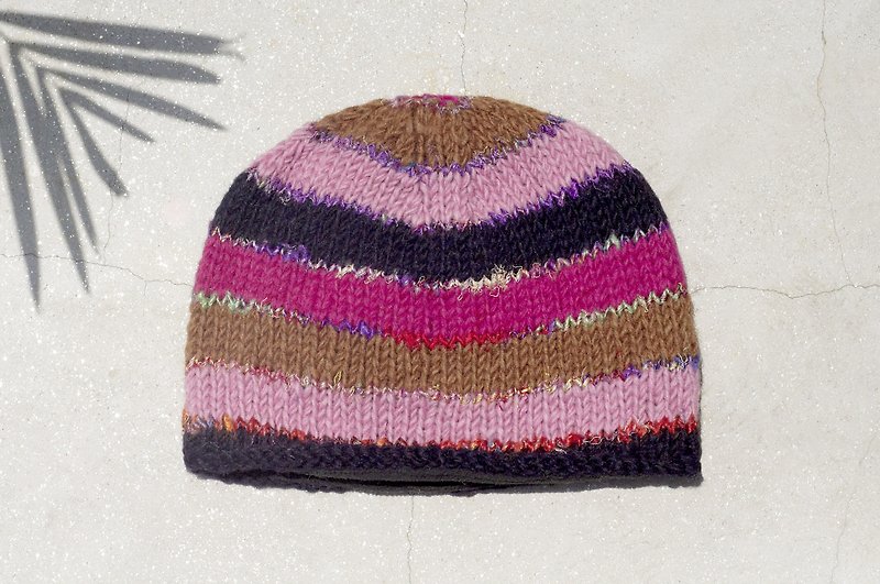 手織純羊毛帽 針織毛帽 內刷毛手織毛帽 毛線帽-彩虹色手捻紗麗線 - 帽子 - 羊毛 粉紅色