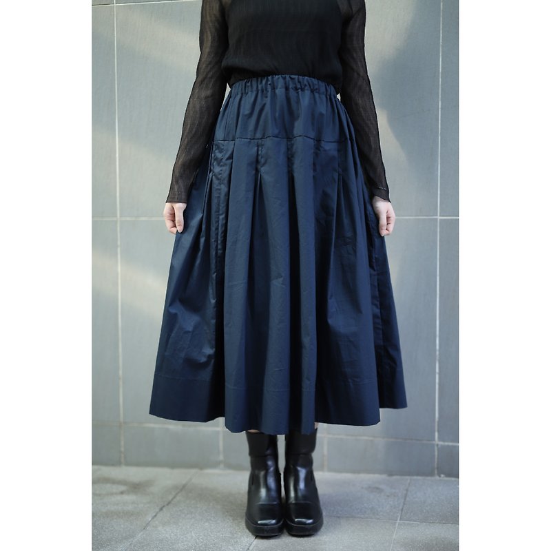 Hong Kong original handmade double folded skirt cotton night sky blue elastic waist - Skirts - Cotton & Hemp Blue