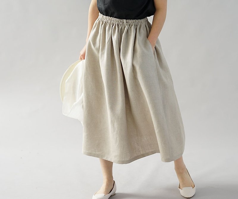 wafu - 純亞麻長裙 Midweight Linen Gathered Skirt / Flax s004b-amn2 - กระโปรง - ลินิน สีกากี