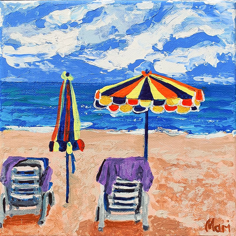 Beach Chair Painting Umbrella Seascape Original Wall Art Holidays Chaise-Longue - 掛牆畫/海報 - 其他材質 多色
