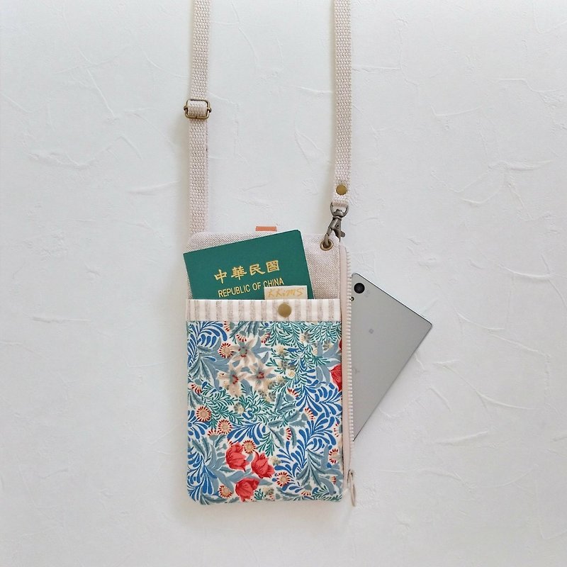 [FPH/3Way mobile phone bag/cross-body bag] British classical Teal and green red flower French glitter sashimi fabric - กระเป๋าแมสเซนเจอร์ - ผ้าฝ้าย/ผ้าลินิน สีน้ำเงิน