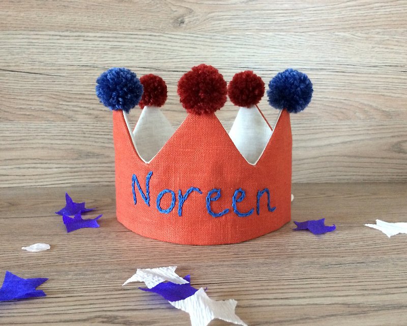 Personalized orange linen birthday crown, Terracotta 1st birthday crown - 嬰兒帽子/髮帶 - 亞麻 橘色