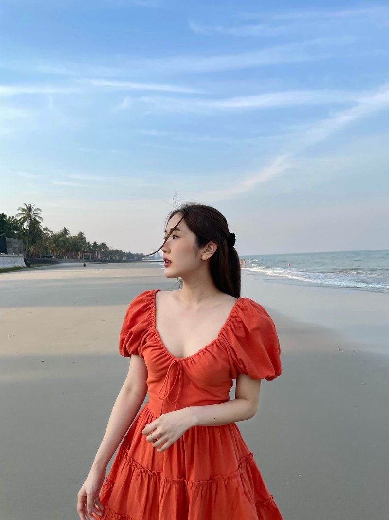 Ruffle Puff dress - Orange Sunrise - 洋裝/連身裙 - 棉．麻 橘色