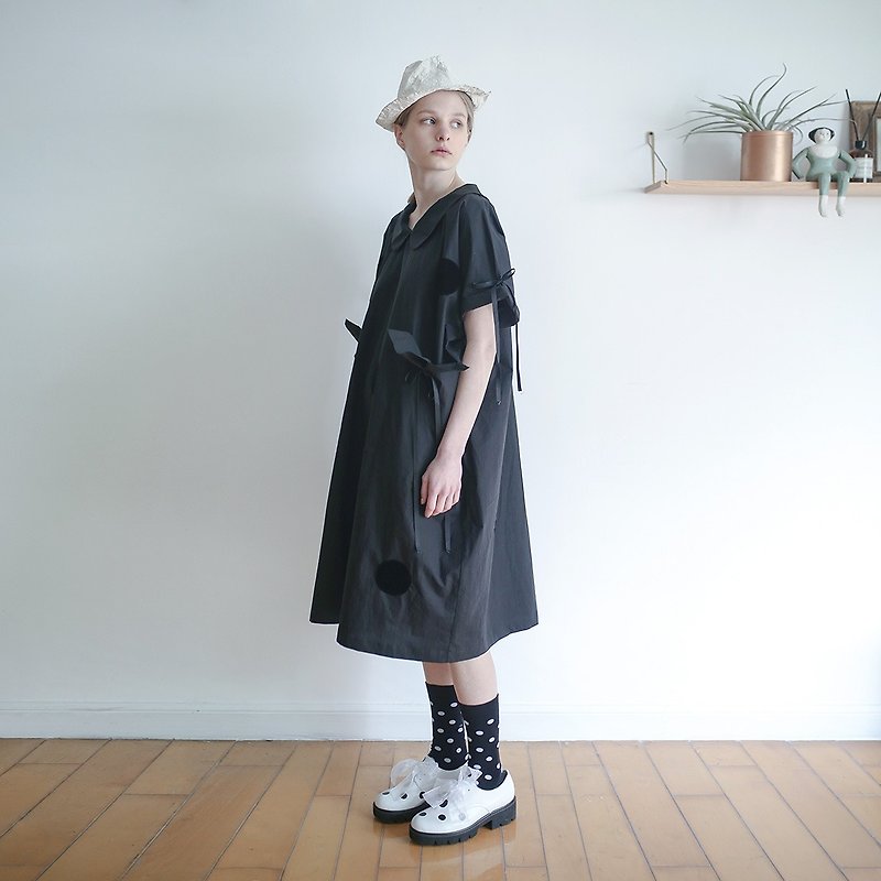 Black bow little black dot doll collar gown - imakokoni - One Piece Dresses - Cotton & Hemp Black