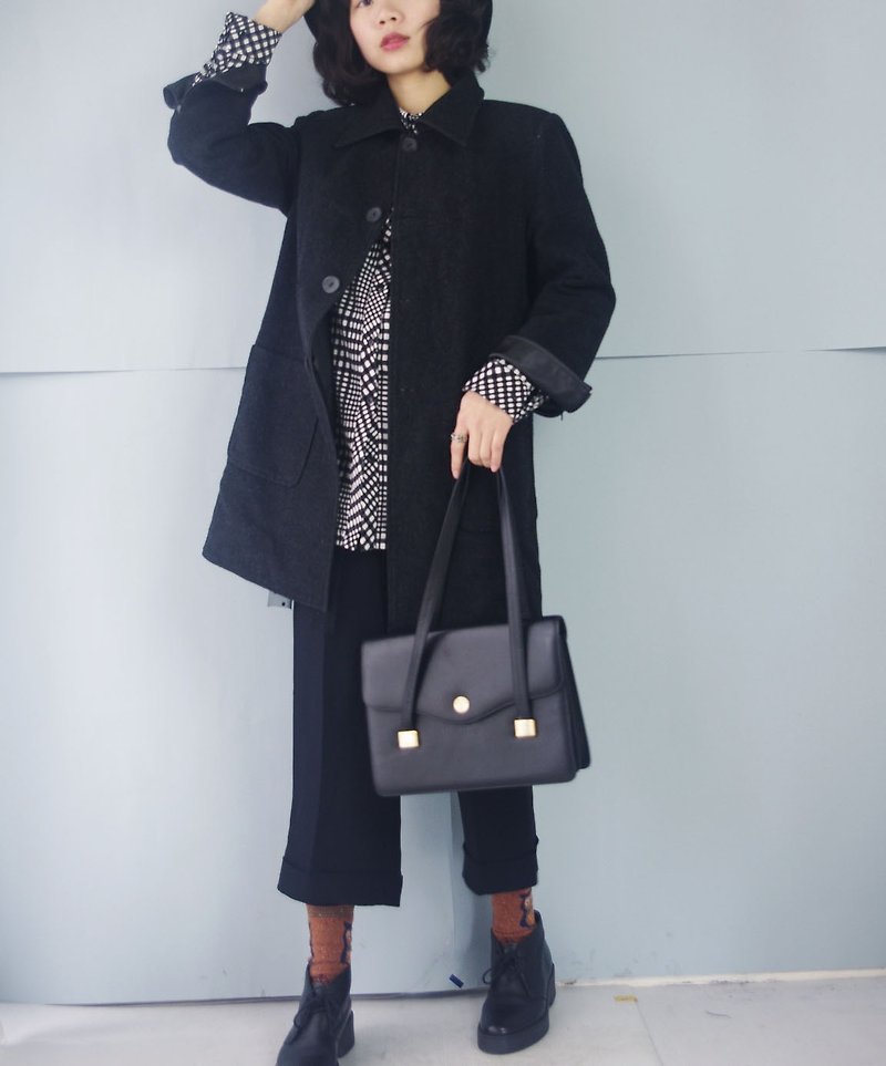 Treasure hunt vintage - neutral dark gray leather wool coat coat - Women's Casual & Functional Jackets - Wool Gray