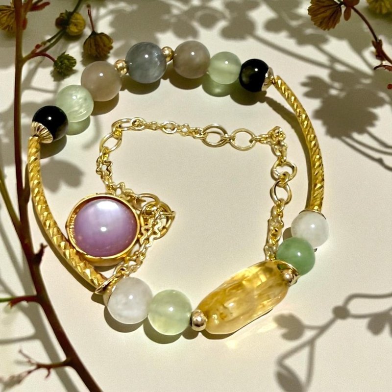星辰野望手鍊  黃水晶 葡萄石 白貝珠 白幽靈 月光石 金黑曜 招財 - 手鍊/手環 - 水晶 紫色