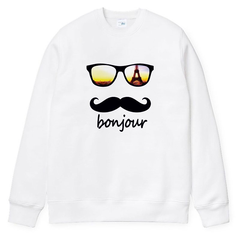 bonjourパリユニセックス大学T剛毛白いフランスの口ひげひげパリグラス - Tシャツ メンズ - コットン・麻 ホワイト