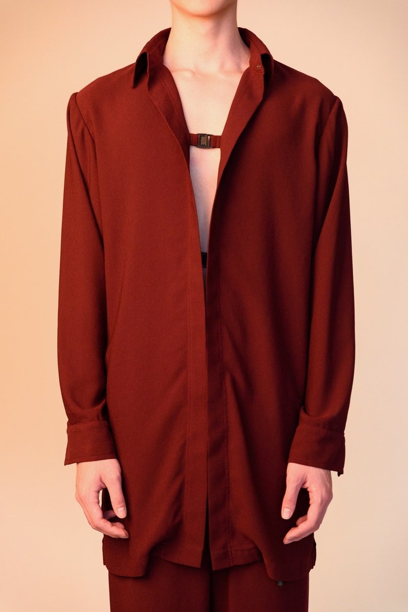 麻質長版三插扣襯衫//Hemp Long-shirt// - 女大衣/外套 - 棉．麻 紫色