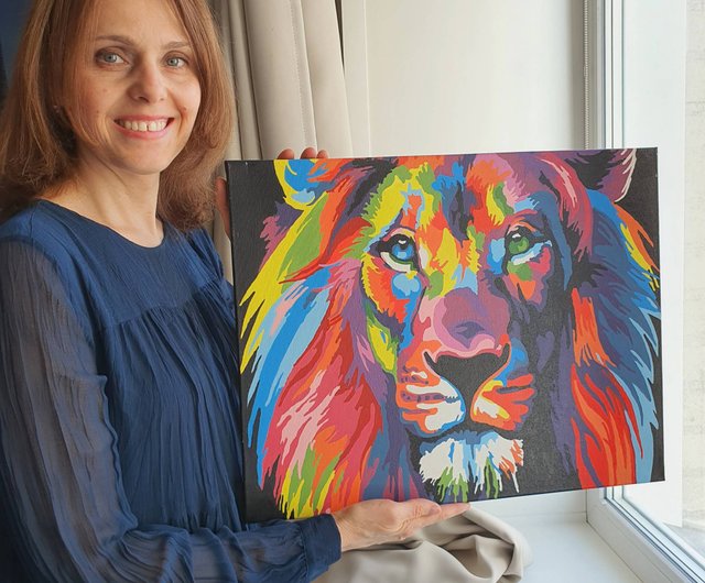 ライオンの絵の肖像画レオヘッドオリジナルアート動物多色