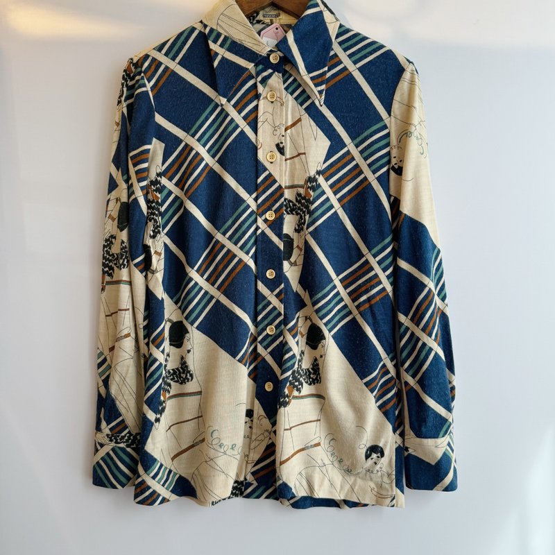 70s pattern shirt - เสื้อเชิ้ตผู้หญิง - ไฟเบอร์อื่นๆ สีน้ำเงิน