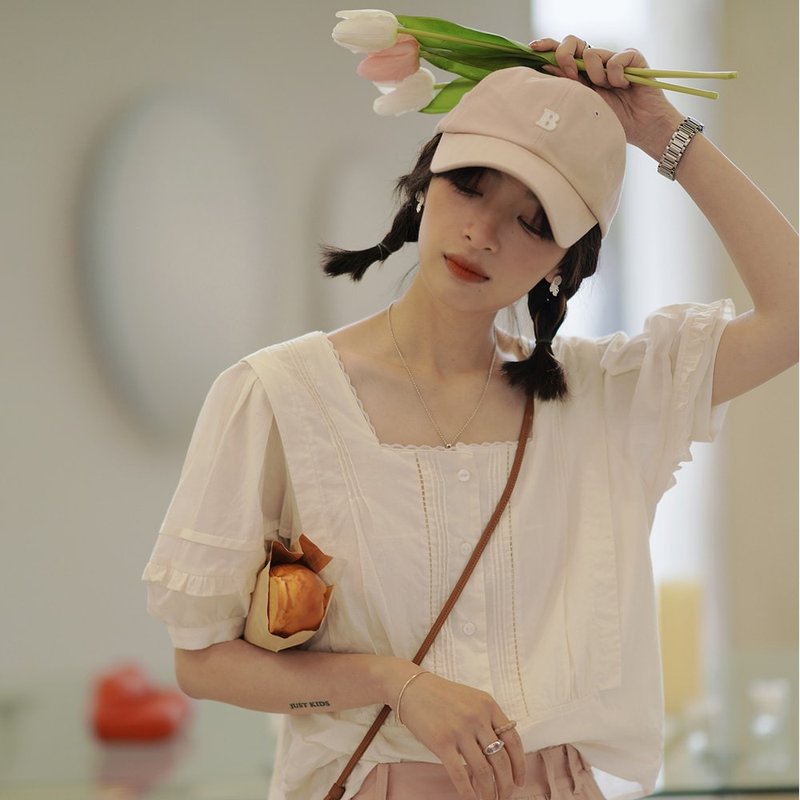 方領蕾絲泡泡袖襯衫|襯衫|夏款|Sora-951 - 女襯衫 - 棉．麻 白色