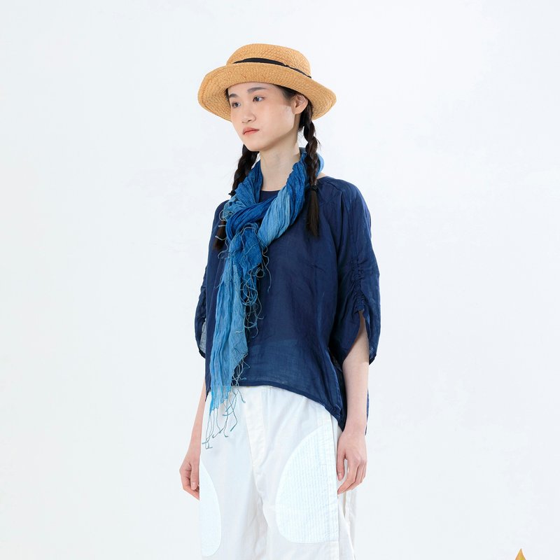 輕盈亞麻抽褶五分袖上衣 - 女上衣/長袖上衣 - 亞麻 藍色