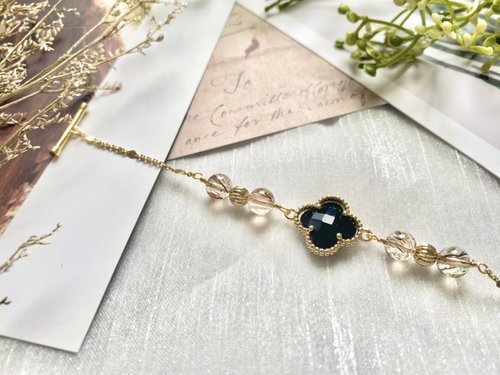 formica accessory 黑金超七的黑色四葉草手鍊 天然石手鍊 天然石飾品 OT扣 14k包金