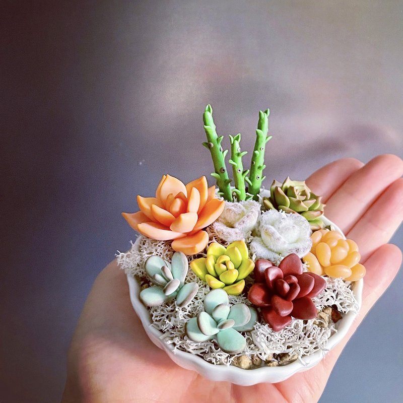 接單製作款 多款肉肉盆20號。仿真黏土多肉植物_花邊白瓷盆 - 盆栽/植栽 - 黏土 多色