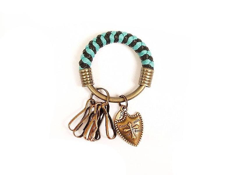 Key ring (small) 5.3CM lake green + black + cross-shield type hand-woven custom - Keychains - Other Metals Multicolor
