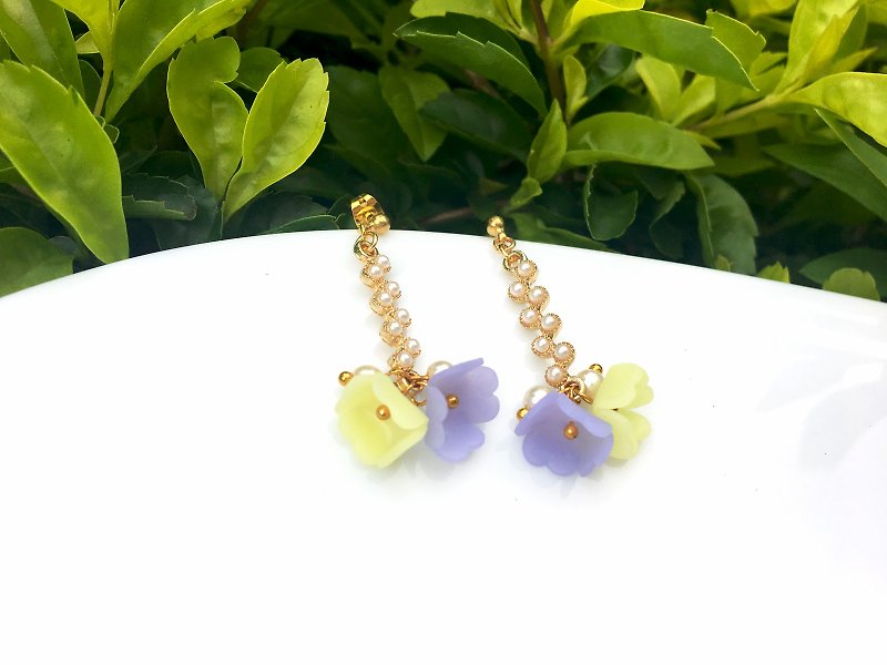 紫黃珍珠花  | 金色耳環 / 耳夾 - 耳環/耳夾 - 陶 