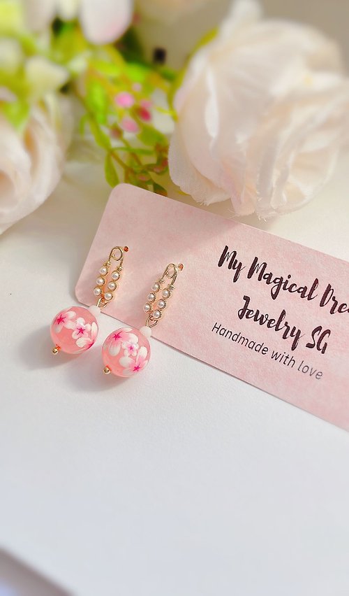 My Magical Dreams Jewelry Pink Sakura/Cherry Blossom Tensha Pearl Pin Gold Earrings