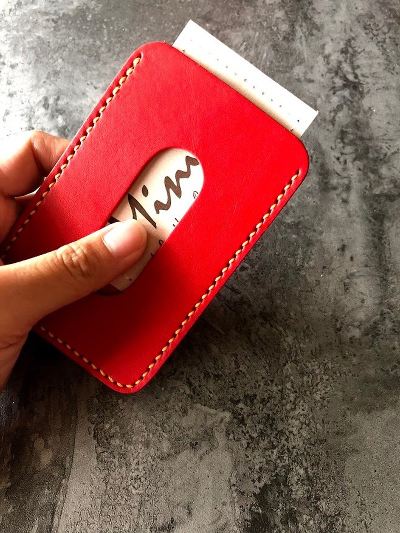 Exclusive-[Mini5] Hand Stitched Business Card Holder (Red) - ที่เก็บนามบัตร - หนังแท้ สีแดง