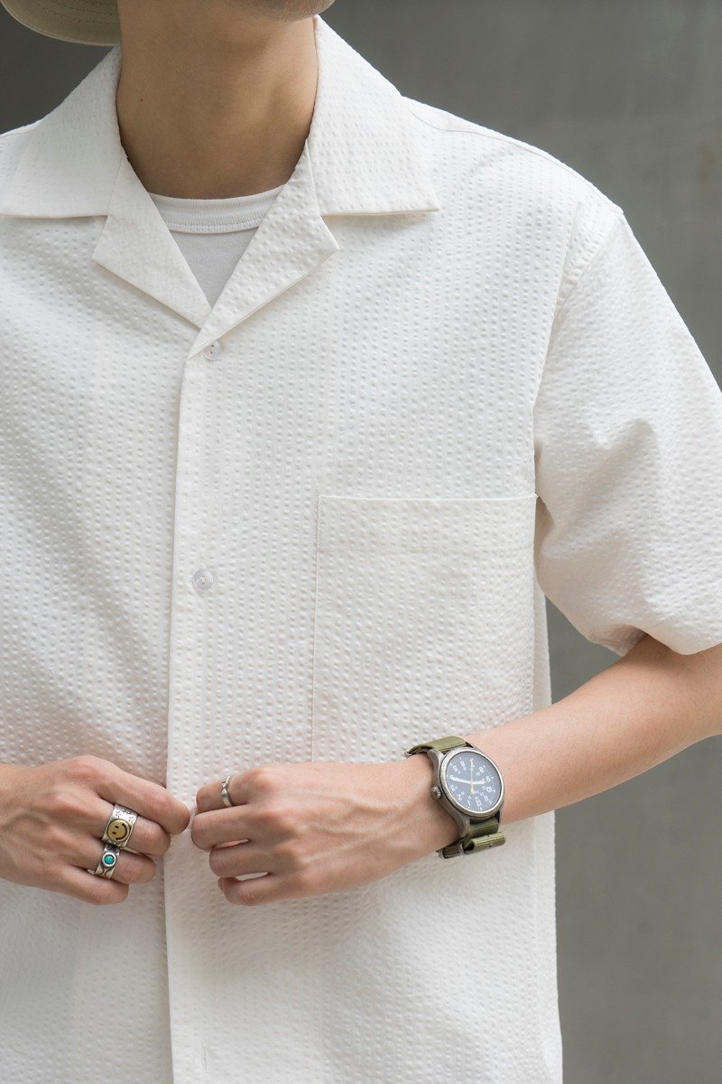 [Wear in midsummer season] Seersucker Shirt Summer seersucker shirt Japanese casual solid color - Men's Shirts - Cotton & Hemp White