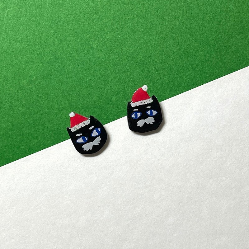 Christmas ornaments Christmas small black hand-painted hand-made earrings - Earrings & Clip-ons - Plastic Black