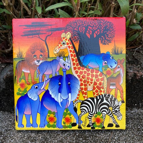 動物セル画 V136 草原の動物たち】タンザニア 手描き フレームレス 絵画 掛け軸