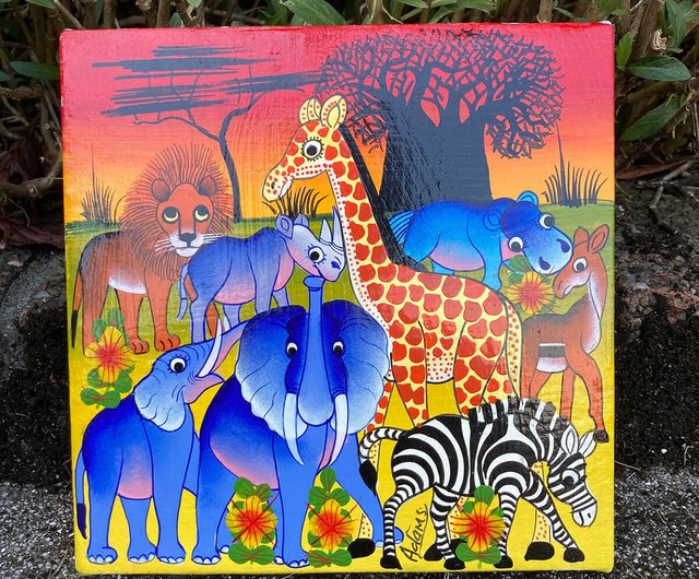 V136 草原の動物たち】タンザニア 手描き フレームレス 絵画 掛け軸