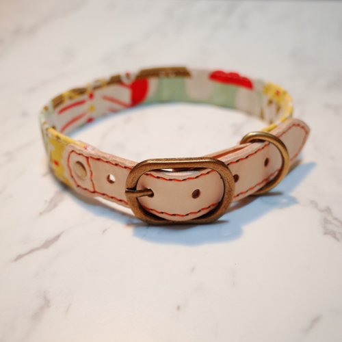 Michu Pet Collars #美珠手作 狗 項圈 L號 紅黃 森林 點點 方塊 不規則 日本純棉 植鞣皮 可上牽繩 可加購吊牌 附鈴鐺