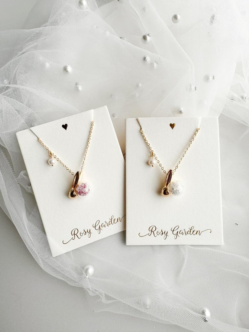 Rosy Garden Bunny with crystal inside glass ball gold plated necklace - สร้อยติดคอ - แก้ว สึชมพู