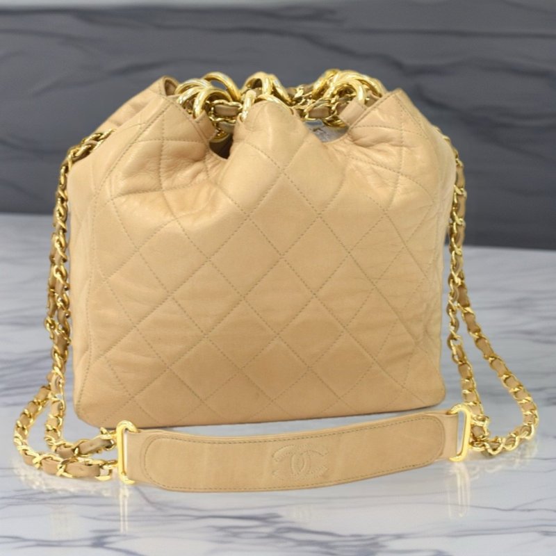 絕版中古包 Chanel古董米色水桶包 側背包 單肩包 斜背包 二手包 - 側背包/斜背包 - 真皮 卡其色