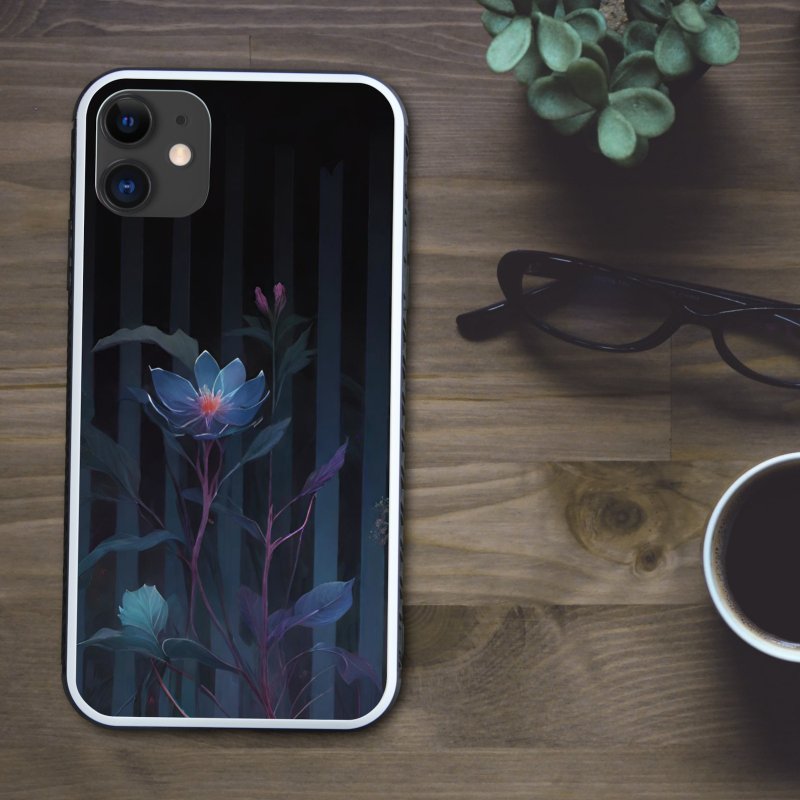 A fantastical, beautiful and mysterious plant border pattern smartphone case in indigo and pastel colors [tempered glass finish] compatible with iPhone 16 - Phone Cases - Plastic Multicolor