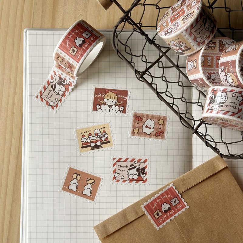 Gift Bunny Stamp Wind Paper Tape - มาสกิ้งเทป - กระดาษ สีนำ้ตาล