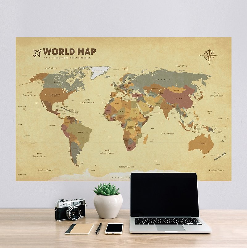 【輕鬆壁貼】世界地圖/斑黃 - 無痕/居家裝飾 - 壁貼/牆壁裝飾 - 聚酯纖維 