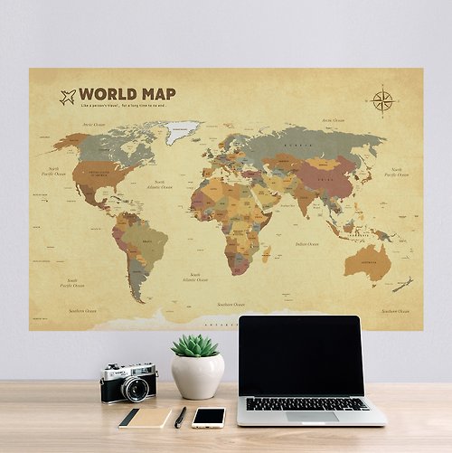 自由取材 Deco Life 【輕鬆壁貼】世界地圖/斑黃 - 無痕/居家裝飾