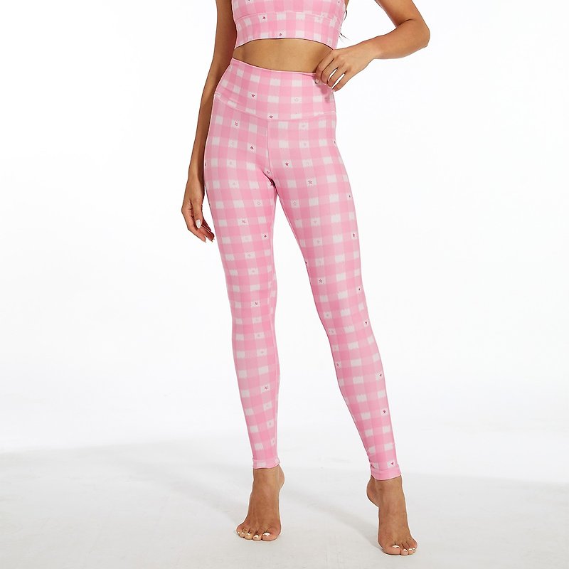 SILVERWIND芭比粉格子緊身高彈顯瘦瑜伽褲健身高腰提臀裸感運動褲 - 運動褲/緊身褲 - 環保材質 粉紅色