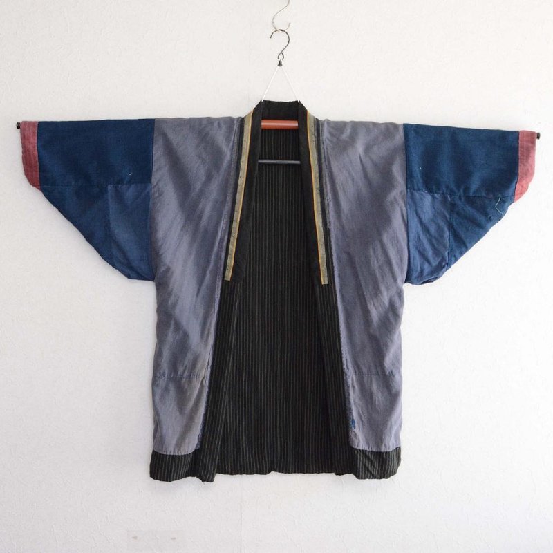 和服夾克農夫工作服靛藍染色袖棉和服瘋狂圖案條紋圖案日本復古翻 - 男夾克/外套 - 棉．麻 多色