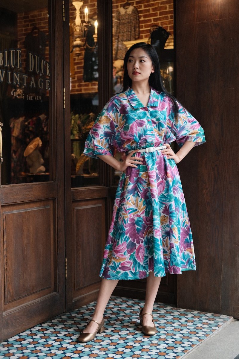 Vintage dress美產復古襯衫印花連衣裙古著洋裝 - 洋裝/連身裙 - 棉．麻 