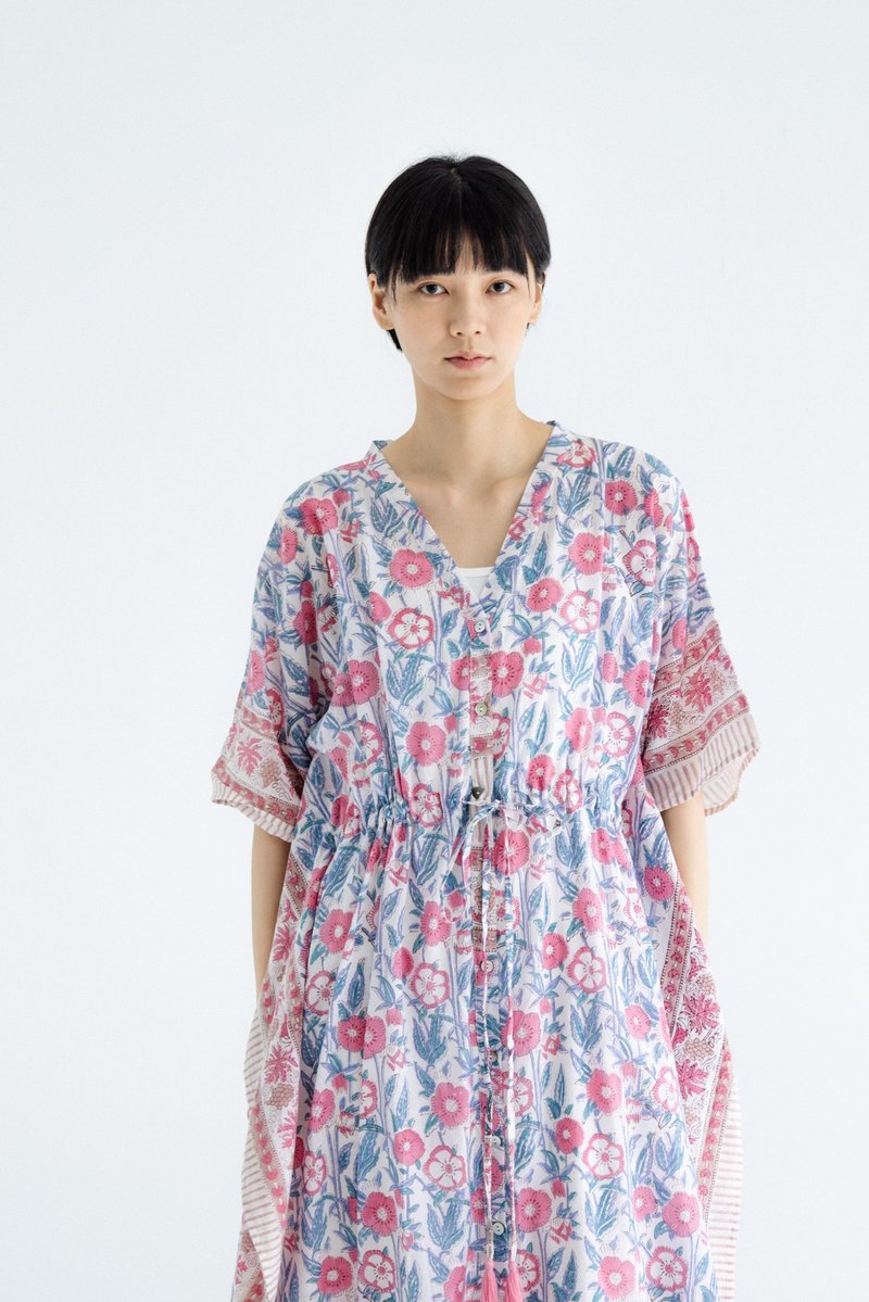 Buttoned butterfly long dress_white background pink flowers - One Piece Dresses - Cotton & Hemp Pink