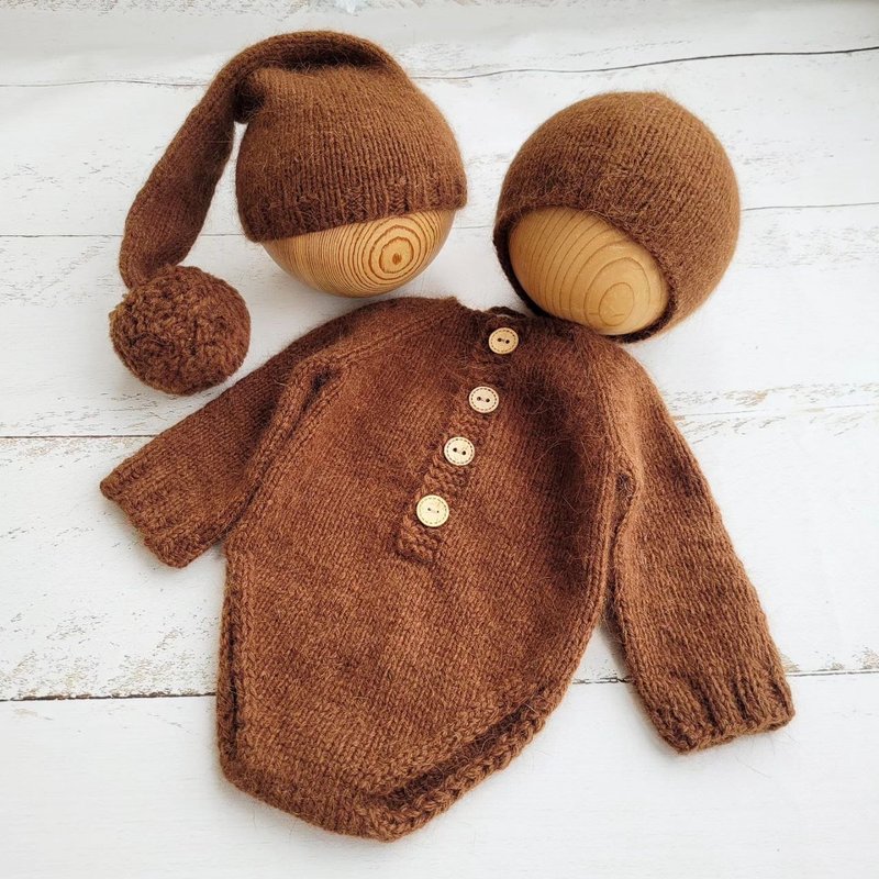 Brown fluffy bonnet, romper, wrap. Newborn photo props. - Baby Accessories - Wool Brown