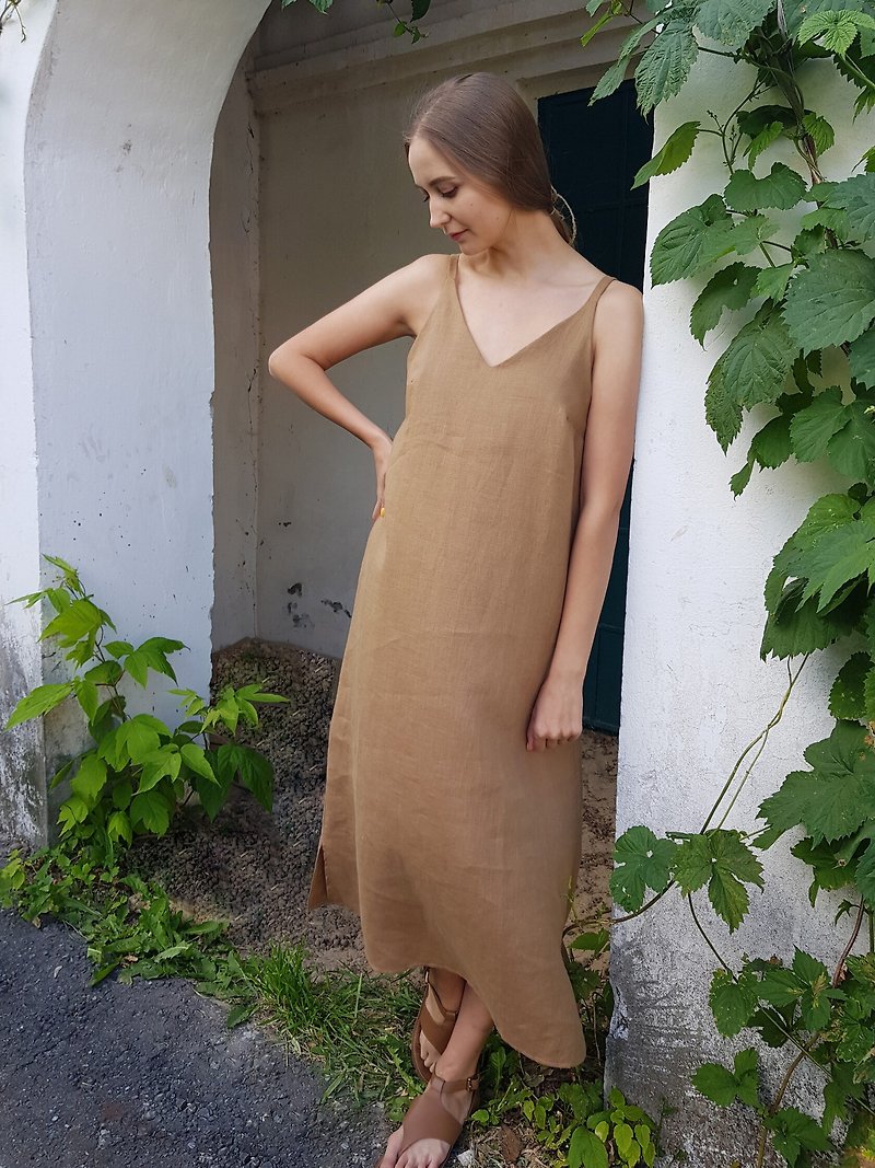 Timeless Simplicity / Sleeveless Linen Maxi Dress - A Birthday Gift for Her Flaw - 洋裝/連身裙 - 亞麻 咖啡色